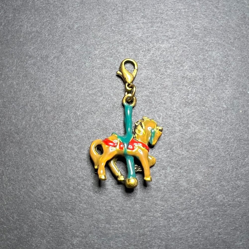 Vintage Enamel Brown, Red & Teal Gold Tone Carousel Horse Charm Pendant 1.5"